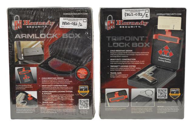 (2) NEW IN BOX HORNADY ARMLOCK GUN BOX: (lot of 2) Hornady Armlock Box, Model 98151, new in box, 16 gauge steel, child resistant, three lug lock system, padded interior, "meets TSA requirements for handgun safety in luggage," exterior: 3"h,