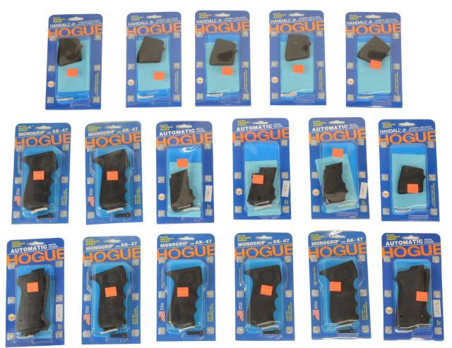 (17) NEW IN BOX HOGUE PISTOL & AK-47 MONOGRIPS: (lot of 17) Hogue Monogrips and Pistol Stocks, including: (6) Hogue Monogrips for AK-47; (5) Automatic Pistol Stocks; (6) Handall Jr., universal grip sleeve for most compact autos Start Price: $60.00