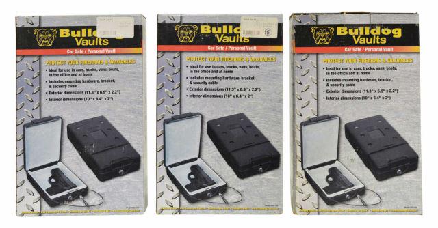 (3) NEW IN BOX BULLDOG CAR SAFE: (lot of 3) Bulldog Car Safe, Model BD1150, key lock, mounting bracket or use the 3' security cable, black matte finish, soft interior, exterior: 2.2"h, 11.3"w, 6.9"d, 15.25lbs Start Price: $40.00