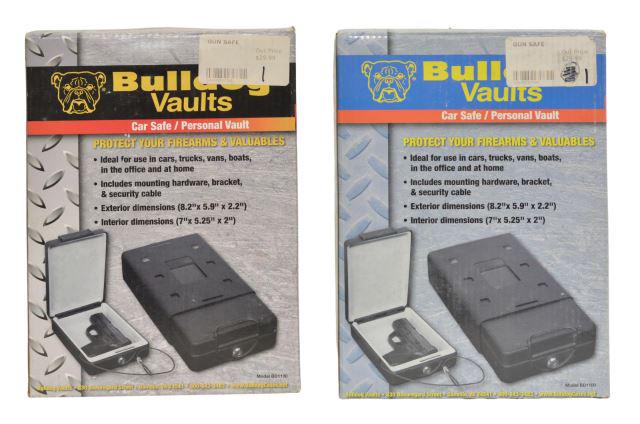 (2) NEW IN BOX BULLDOG CAR SAFE: (lot of 2) Bulldog Car Safe, Model BD1100, key lock, mounting bracket or use the 3' security cable, black matte finish, soft interior, exterior: 2.2"h, 8.2"w, 5.8"d, 15.25lbs Start Price: $40.00