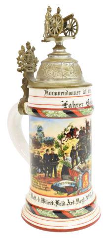 GERMAN REGIMENTAL STEIN, WURTTEMBERG ARTILLERY: German Regimental beer stein commemorating the 1905-1907 Battery 4 of the 65th Field Artillery, with colorful dramatic action scenes and a photo depiction of King William II of the Kingdom of Wurttemb