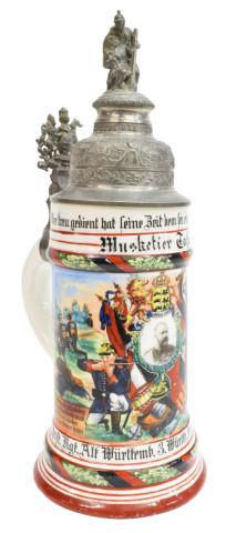 GERMAN REGIMENTAL STEIN, WURTTEMBERG INFANTRY: German Regimental beer stein commemorating the 1905-1907 Third Infantry, with colorful scenes of soldiers and a photo depiction of King William II of the Kingdom of Wurttemberg, the base with a lithop