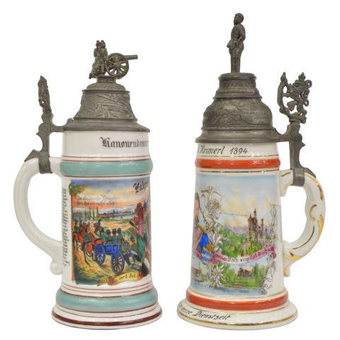 (2) BAVARIAN REGIMENTAL LITHOPHANE BEER STEINS: (lot of 2) German porcelain regimental beer steins, including: (1) pewter lid with cannon finial, coat of arms thumblift, lithophane of two figures reading a letter, (1) pewter lid with figural finial