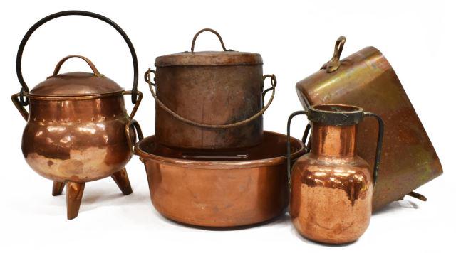(5) FRENCH COPPER KITCHENWARE, POTS, PANS, VESSEL: (lot of 5) French copper kitchenware, 19th c., highlights include: (1) lidded cauldron, with iron handle, on three tapered legs, approx 15.5"h, 13.5"diam, (1) hammered copper amphora-form vessel, havi