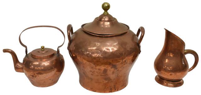 (3) FRENCH COPPER KITCHENWARE, TEA KETTLE, PITCHER: (lot of 3) French copper kitchen items, including: (1) lidded tea kettle, with handle, approx 8.75"h, 9"diam, (1) pitcher, having single handle, with engraved monogram to side, approx 13"h, 7"diam, (1