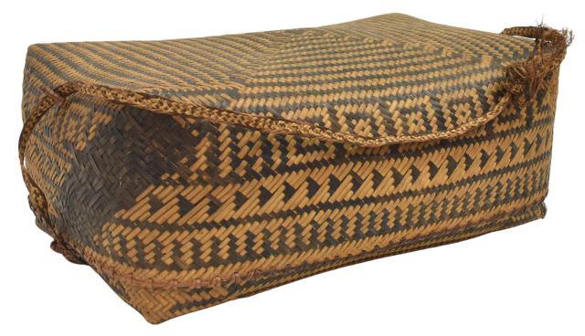 SOUTHEAST ASIAN WOVEN BASKET LIDDED BOX: Southeast Asian woven basket, second quarter 20th c., lidded rectangular box, approx 7"h, 16.5"w, 12"d, 1lbs Start Price: $30.00