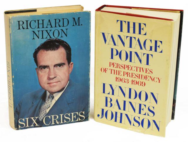 (2) AUTOGRAPHED POLITICAL BOOKS, JOHNSON & NIXON: (lot of 2) Autographed books, including: (1) "Six Crises," Richard M. Nixon, Doubleday & Company, New York, 1962, first edition, autographed in blue ink at third interior page, 460 pages, dust cover,