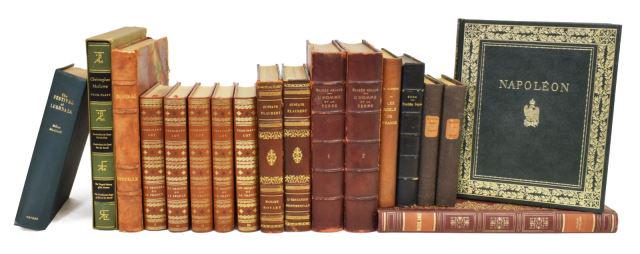 (18) CONTINENTAL LEATHER-BOUND LIBRARY SHELF BOOKS: (lot of 18) Continental library shelf books, 20th c., most leather bound with gilt embossed spines, some with color and black and white image plates, highlights include: Les Origines de la France, Fer