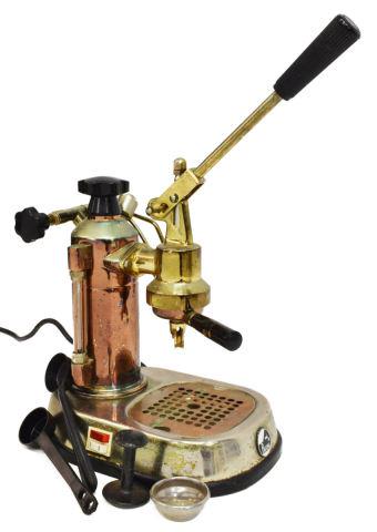 VINTAGE LA PAVONI EUROPICCOLA ESPRESSO MAKER: Vintage Italian La Pavoni Europiccola espresso maker, patinated metal body with plastic fittings, includes parts, lights when plugged in, full operational status unknown, approx 12"h, 8"w, 11"d, 12.5l