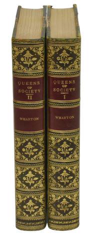 (2 VOL) 'QUEENS OF SOCIETY' GRACE & PHILIP WHARTON: (2 volumes) Books: "The Queens of Society," Grace and Philip Wharton, illustrations by Charles Altamont Doyle and the Brothers Danziel, James Hogg & Sons, London, green leather half binding with marbl
