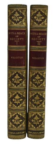 (2 VOL) 'WITS & BEAUX' GRACE & PHILIP WHARTON: (2 volumes) Books: "The Wits and Beaux of Society," Grace and Philip Wharton, illustrations by H.K. Browne and James Godwin, James Hogg & Sons, London, green leather half binding with marbleized board