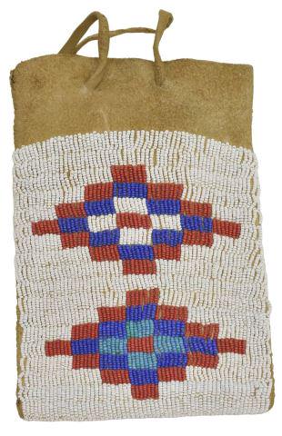 PLAINS-STYLE BEADED DEER HIDE BAG: Plains-style beaded deer hide bag, third quarter 20th c. or later, approx 8.75"h, 6.25"w, 0.75lbs Start Price: $40.00