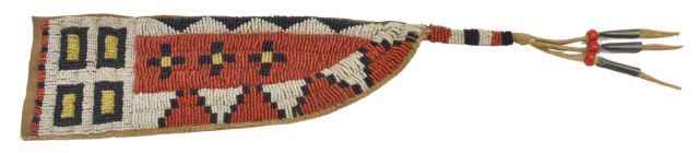 PLAINS-STYLE BEADED HIDE KNIFE SHEATH: Plains-style beaded hide knife sheath, third quarter 20th c. or later, with jingle cones, overall: approx 15.5"l Start Price: $40.00