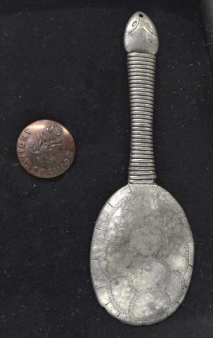 (2) SHADOW BOX U.S. INDIAN SERVICE BUTTON & SPOON: (lot of 2) Framed shadow box with: (1) button of the U.S. Indian Service, backmarked Snellenburg & Co., Phil'a (1869-1962); (1) spoon formed as a turtle shell with elongated neck and head, likely pewt