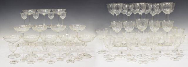 (54) ART DECO ETCHED GLASS STEMWARE BARWARE: (lot of 54) Art Deco glass stemware, with etched geometric band, including: (12) champagne coupes, (one) with small chip to rim, approx 5"h, 4 3/8"diam, (10) red wine stems, approx 6 5/8"h, 3 3/8"diam