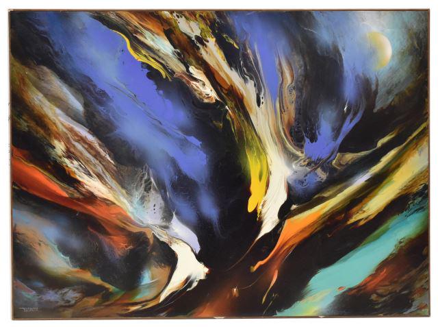 LEONARDO NIERMAN, 'MEDITACION COSMICA" 35" x 48": Framed oil on Masonite painting, "Meditacion Cosmica," signed lower left Nierman (Leonardo Nierman, Mexican, b.1932), titled verso, sight: approx 35.5"h, 48"w, overall: approx 36"h, 48.5"w, 15lbs **Pr