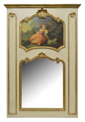 LOUIS XVI STYLE PARCEL GILT PAINTED TRUMEAU MIRROR: Louis XVI style trumeau mirror, 20th c., painting of courting couple in pastoral landscape, over flat mirror plate, creme painted frame with parcel gilt molding, approx 59"h, 40"w, 41.25lbs Start Pric