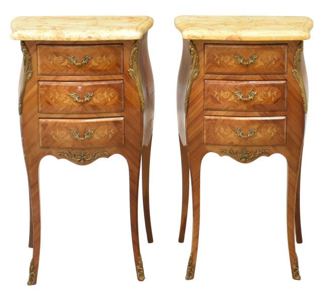 (2) FRENCH LOUIS XV STYLE MARBLE-TOP NIGHTSTANDS: (lot of 2) French Louis XV style marble-top mahogany nightstands, late 19th c., each having shaped marble top, over matched veneer case, fitted with three marquetry drawers, foliate gilt metal mounts,