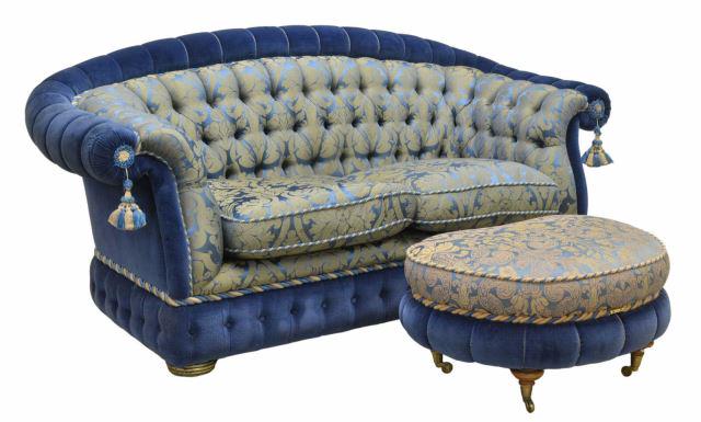 (2) FRENCH CUSTOM BUTTON-TUFTED SOFA & OTTOMAN (1 of 5)