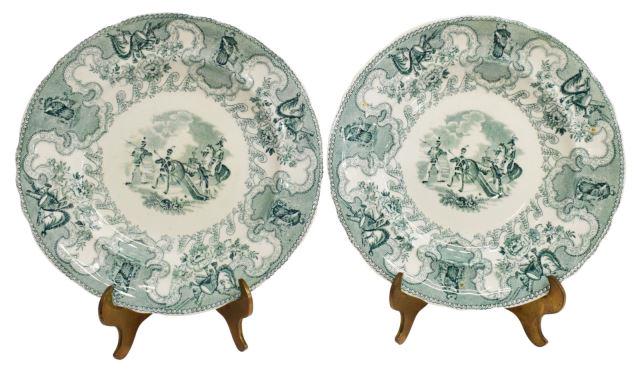 2) HISTORICAL STAFFORDSHIRE TEXIAN CAMPAIGNE PLATE: (lot of 2) Scarce English Staffordshire salad plates, in the "Texian Campaigne" pattern, James Beech, c.1850, with green transfer printed decoration, scene titled Battle of Buena Vista, marked underfo
