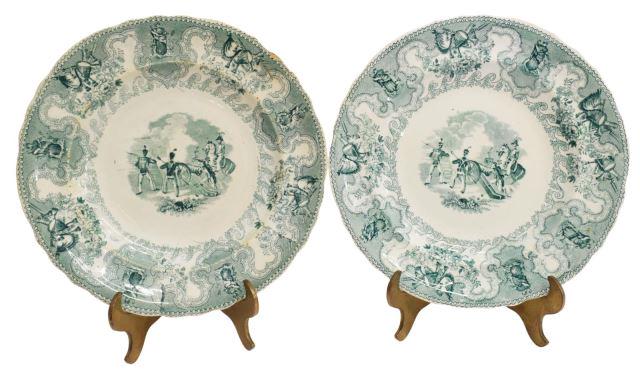 2) HISTORICAL STAFFORDSHIRE TEXIAN CAMPAIGNE PLATE: (lot of 2) Scarce English Staffordshire salad plates, in the "Texian Campaigne" pattern, James Beech, c.1850, with green transfer printed decoration, scene titled Battle of Buena Vista, marked underfo