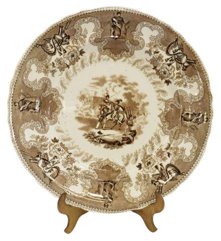 HISTORICAL STAFFORDSHIRE TEXIAN CAMPAIGNE PLATE: Scarce English Staffordshire plate, in the "Texian Campaigne" pattern, James Beech, c.1850, with brown transfer printed decoration, scene titled Battle of Palo Alto, marked underfoot, approx 10.5"diam