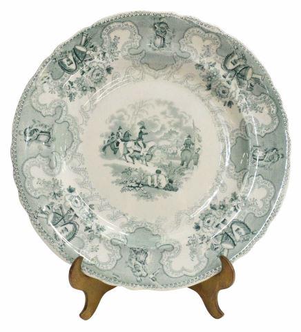 HISTORICAL STAFFORDSHIRE TEXIAN CAMPAIGNE PLATE: Scarce English Staffordshire luncheon plate, in the "Texian Campaigne" pattern, James Beech, c.1850, with green transfer printed decoration, scene titled Battle of Chapultepec, approx 9.25"diam, 0.75l