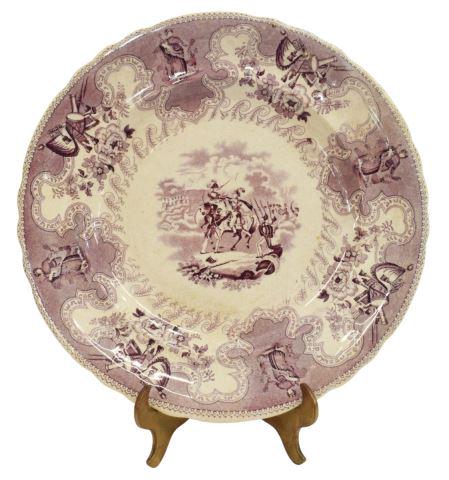 HISTORICAL STAFFORDSHIRE TEXIAN CAMPAIGNE PLATE: Scarce English Staffordshire plate, in the "Texian Campaigne" pattern, James Beech, c.1850, with mulberry purple transfer printed decoration, scene titled Battle of Palo Alto, marked underfoot, approx