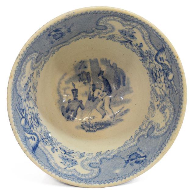 HISTORICAL STAFFORDSHIRE TEXIAN CAMPAIGNE CUP: Scarce English Staffordshire cup, in the "Texian Campaigne" pattern, James Beech, c.1850, with blue transfer printed decoration, scene with officer and men, campfire, marked underfoot, approx 2.5"h, 3