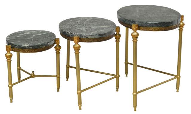 (3) LOUIS XVI STYLE MARBLE-TOP NESTING TABLES: (lot of 3) French Louis XVI style marble-top nesting tables, mid 20th c., each having an oval shaped marble top, resting on gilt metal frame, foliate trim to apron, floral medallions above stretcher-j
