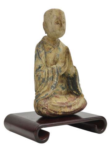 CHINESE CARVED WOOD SEATED BUDDHA ANJALI MUDRA (1 of 3)