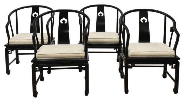 (4) CHINESE HORSESHOE-BACK CHAIRS: (lot of 4) Chinese armchairs, late 20th c., horseshoe-shaped crestrail supported by pierced splat, fixed upholstered seat cushion, block legs with fretwork spandrels, ending in hoof feet, mars to fini