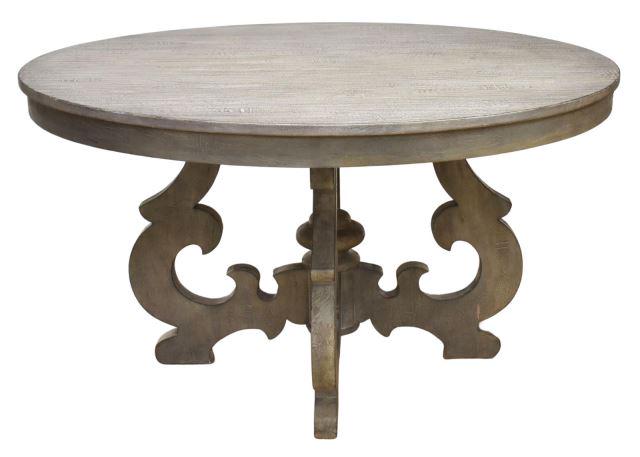 GREY WASHED CAMBRIDGE 54" ROUND DINING TABLE: Grey washed dining table, late 20th c., circular tabletop, conforming apron, shaped supports with center turned finial, approx 30"h, 54"diam Start Price: $400.00