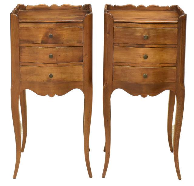 (2) FRENCH LOUIS XV STYLE WALNUT NIGHTSTANDS: (pair) French Louis XV style walnut nightstands, 20th c., scalloped gallery edge on three sides, three drawers, paneled sides and back, rising on slim cabriole legs, approx 31.5"h, 15"w, 13"d Start Pr