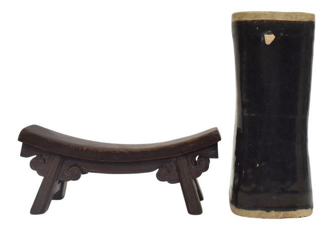 (2) CHINESE CERAMIC & CARVED WOOD NECK PILLOWS (1 of 5)