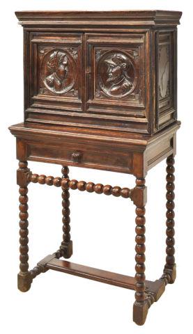 SPANISH CARVED OAK STEPBACK CABINET ON STAND (1 of 6)