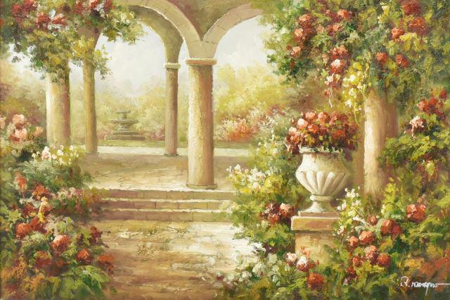 DECORATIVE OIL PAINTING GARDEN VIEW 24" X 36" (1 of 4)