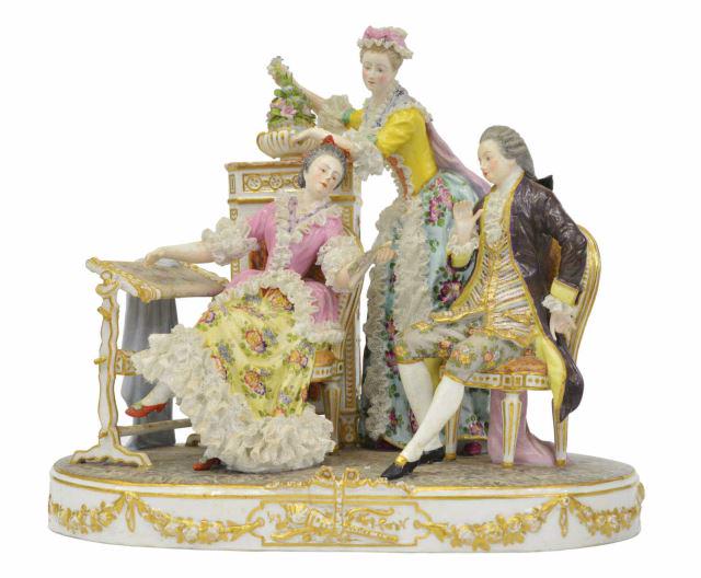 MEISSEN STYLE PORCELAIN DRESDEN LACE FIGURE GROUP (1 of 3)