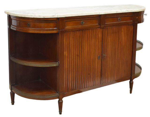 FRENCH LOUIS XVI STYLE MARBLE-TOP SIDEBOARD: French Louis XVI style marble-top mahogany sideboard, early 20th c., shaped marble top, over case fitted with four drawers, above ribbed double cabinet doors, flanked by open side shelves with pierced