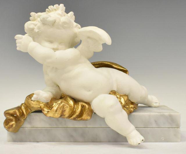 PAINTED PARCEL GILT WINGED CHERUB ON MARBLE BASE (1 of 4)