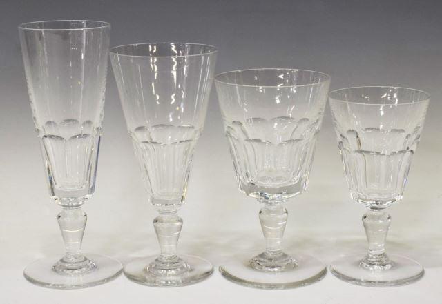 (33) BACCARAT 'BRETAGNE' CUT CRYSTAL STEMWARE: (lot of 33) French Baccarat "Bretagne" cut crystal stemware, paneled bowl, tapered baluster-form stem, on a circular foot, acid-etched mark underfoot, including: (9) claret wine stems, 5.25"h, 3"diam,