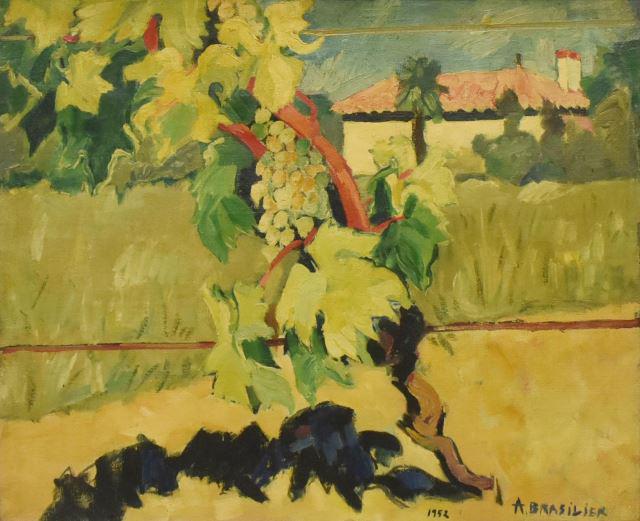 ANDRE BRASILIER (B.1929) 'LE PIED DE VIGNE': Framed oil on linen painting, "Le Pied de Vigne," signed lower right A. Brasilier (Andre Brasilier, French, b.1929), dated 1952, signed Brasilier and titled on back stretcher, sight: approx 23.23"h, 2