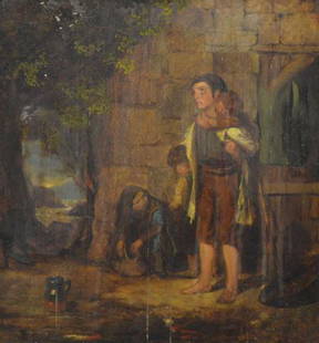 WILLIAM MULREADY (1786-1863) GENRE SCENE PAINTING: Framed oil on wood panel painting, Peasant Children, signed lower right W. Mulready (William Mulready, R.A., Irish, 1786-1863), split to panel, sight: approx 14.5"h, 13.5"w, overall: approx 20"h, 19"w