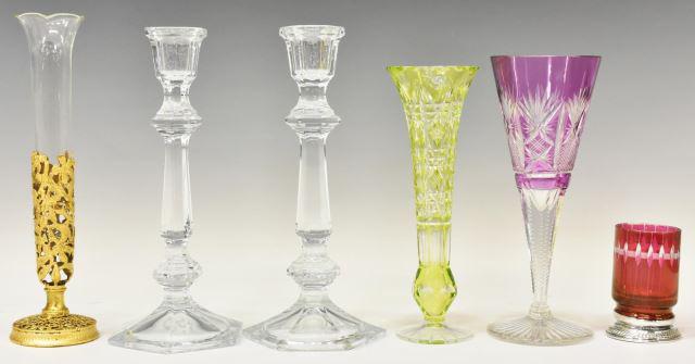 6) CUT CRYSTAL TABLEWARE, ST LOUIS, VASELINE GLASS: (lot of 6) Cut crystal table and decorative items, including: (1) French St. Louis amethyst cut-to-clear crystal wine glass, approx 8.75"h, 3.5"diam, (1) Vaseline glass cut-to-clear vase, with hobstar