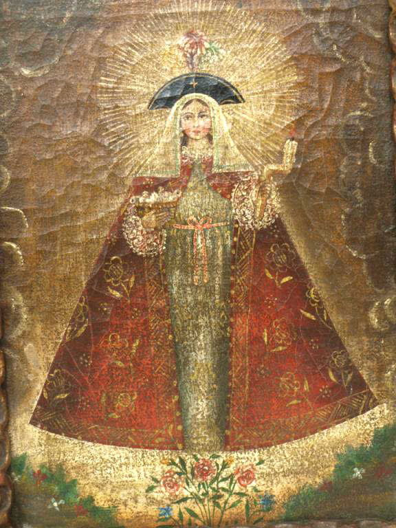 ANTIQUE MIRRORED GILTWOOD FRAME, VIRGIN PAINTING: Peruvian carved giltwood frame inset with mirror pieces, mid 19th c., set with a later portrait of the Virgin, sight: 15.25"h, 10.25"w, overall: 21.5"h, 16"w, 3.25lbs