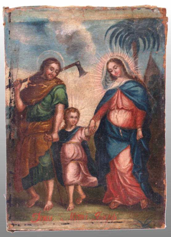 ANTIQUE RELIGOUS PAINTING, THE HOLY FAMILY: Oil on canvas, featuring the Holy Family, probably Mexico, late 19th/early 20th c, mounted on board, 13.75"h, 10"w, .25lb