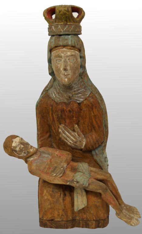 ANTIQUE RELIGIOUS STATUE, OUR LADY OF SORROWS: Large Lithuanian wooden statue modeled as Our Lady of Sorrows, c. 1890, remnants of a polychrome finish remain, 20"h, 9.5"w, 6"d, 6.5lbs**NOTE: Purchased in 2002 from Santa Fe, New Mexico for $2000.00