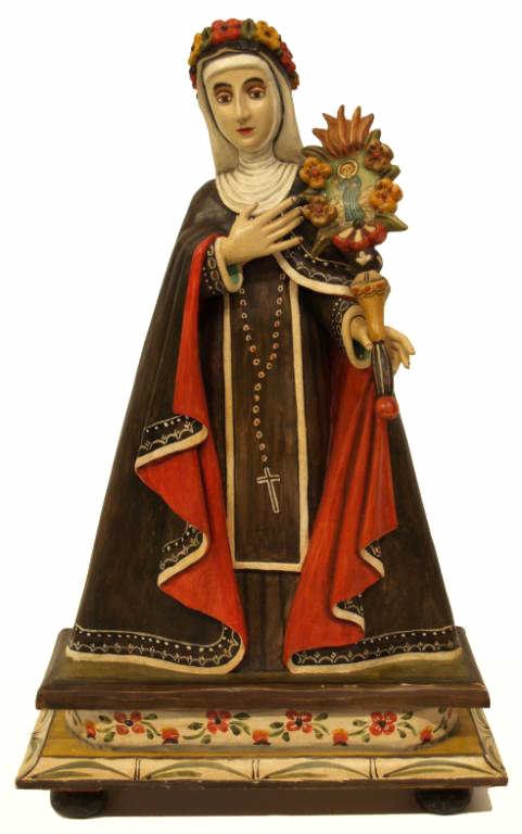 RELIGIOUS STATUE,GUSTAVO VICTOR GOLER (AR B. 1962): Gustavo Victor Goler (Argentine, b. 1962), "Santa Rosa de Lima", carved cottonwood, polychrome statue, Paso New Mexico, 2001, signed and dated, minor loss to left thumb, 23.25"h, 14.5"w, 6"d, 8.25lbs