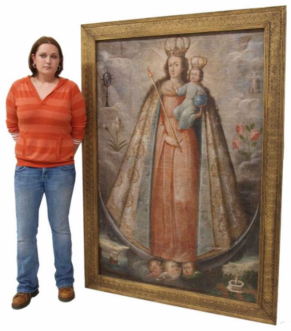 LARGE ANTIQUE RELIGIOUS OIL PAINTING, CUZCO SCHOOL - 10