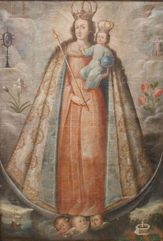 LARGE ANTIQUE RELIGIOUS OIL PAINTING, CUZCO SCHOOL